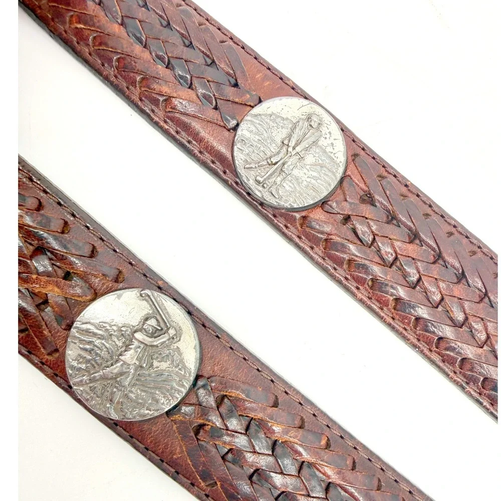 Vintage 1998 Saddle Leather Golf Brass Concho Belt 40 Brwn Western Braided Sport